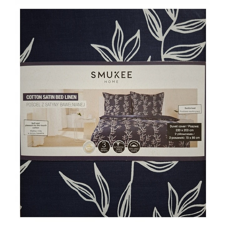 Ágyneműhuzat, 220x200cm, 2 párnahuzat 70x80cm, szatén pamut, hipoallergén, kék