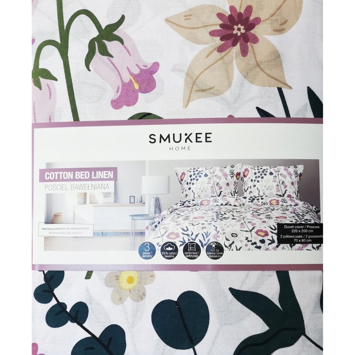 Ágyneműhuzat, 220x200cm, 2 párnahuzat 70x80cm, pamut, fehér virágokkal