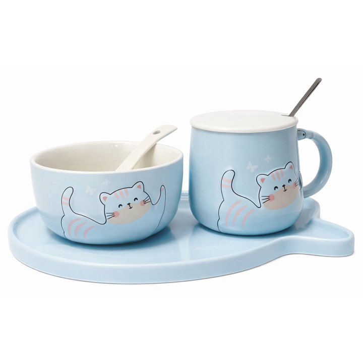 Set mic dejun copii, albastru, 6 piese, bol, cana, tava