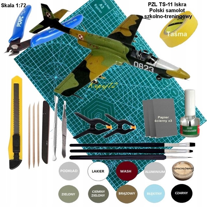 Model avion TS-11 ISKRA, set complet cu vopsele, lac, adeziv, pensule, unelte, 1:72