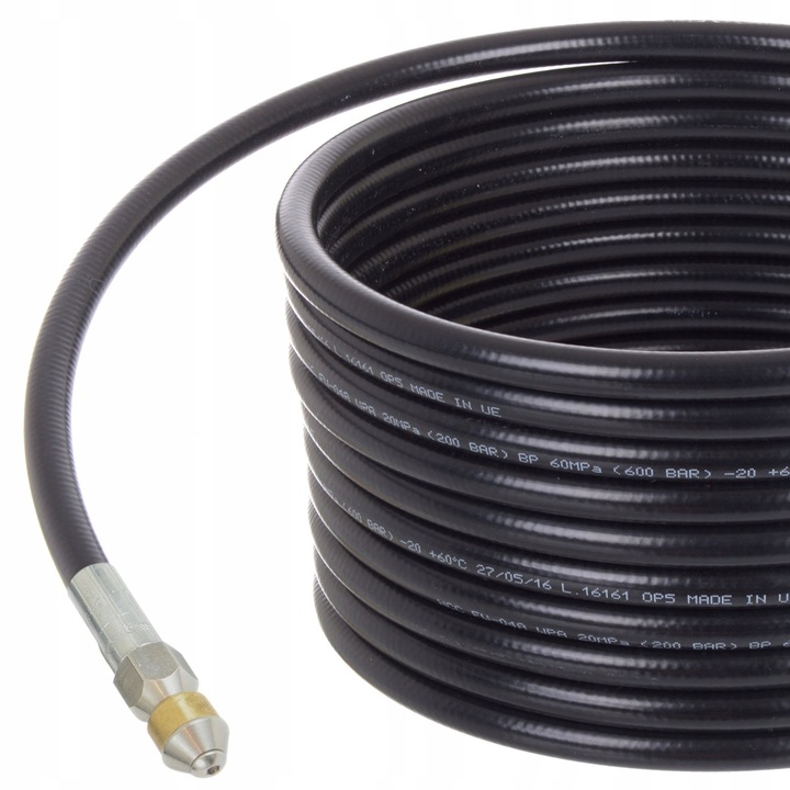 Cablul de curatare canalizare 20m, duza rotativa, presiune maxima 200 Bar, temperatura maxima 60°C, set accesorii