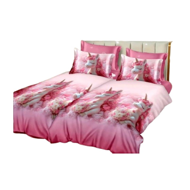 Ágyneműhuzat, 7 részes, gumírozás nélküli, 1 személyes, 160x220 cm, unikornis mintás