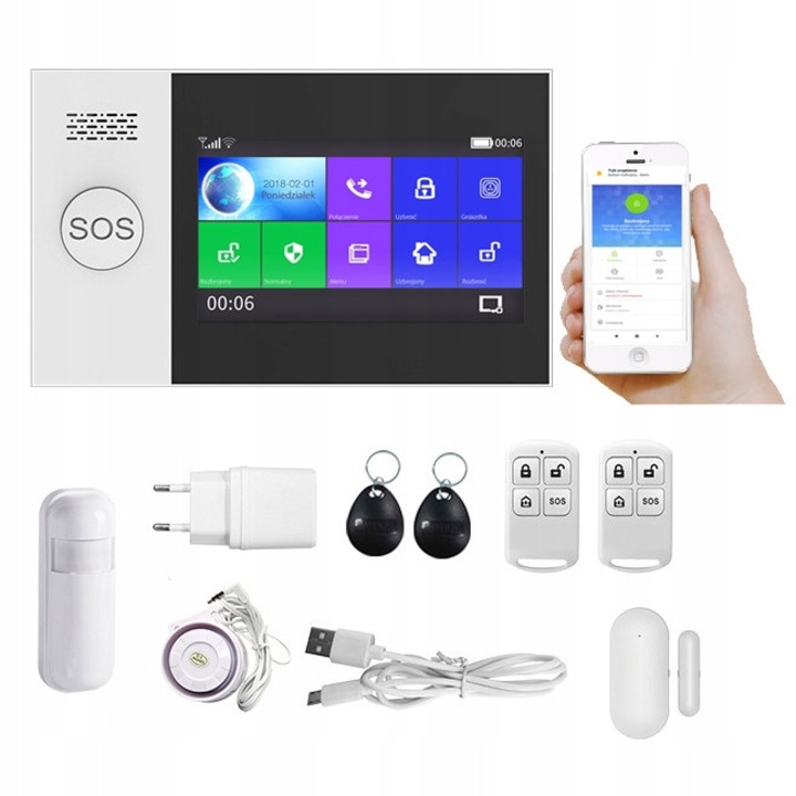 WiFi GSM RF 433 Алармена система, 4.3 инча, със сензори, комплект, полски език