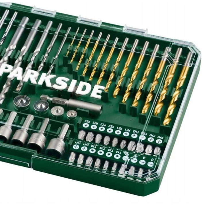 Set de 63 de burghie si biti PARKSIDE, burghie din metal, beton si lemn, valiza de transport
