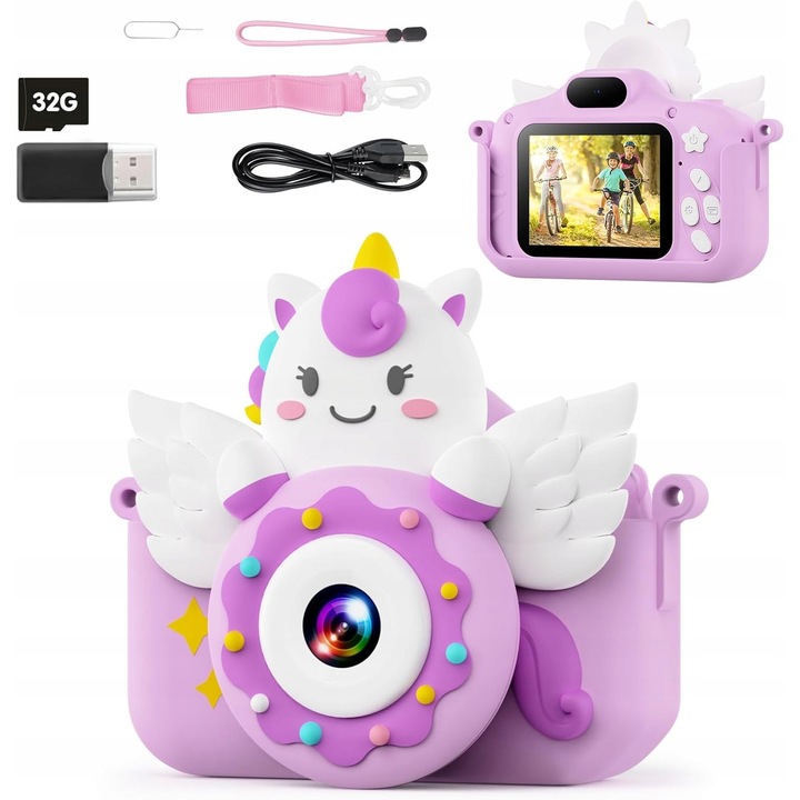 Aparat foto digital pentru copii, 20MP, 1080P HD, violet, set cu card SD 32GB