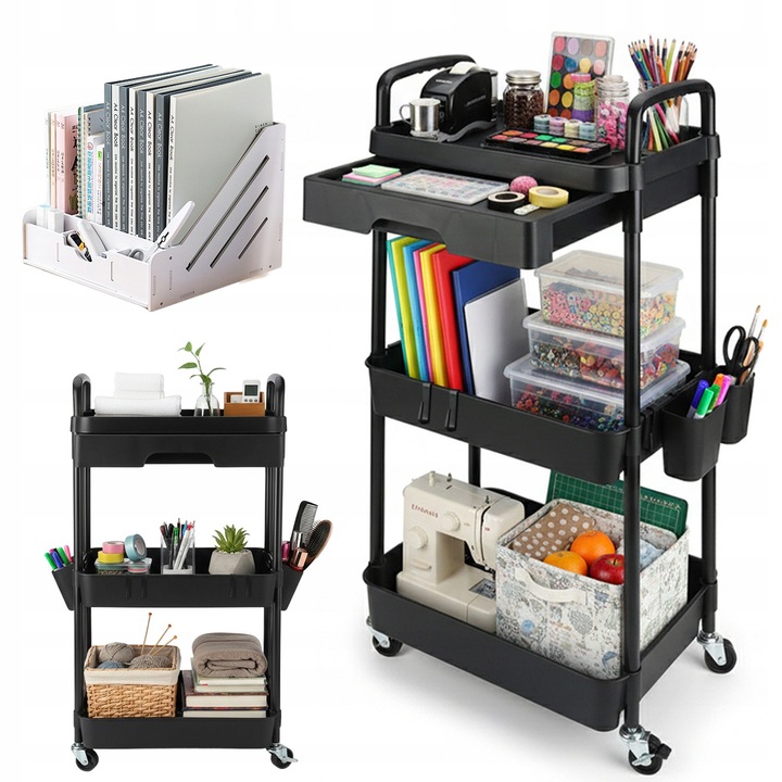 Gurulós mobil konyhai polc, 4 kampóval, fekete