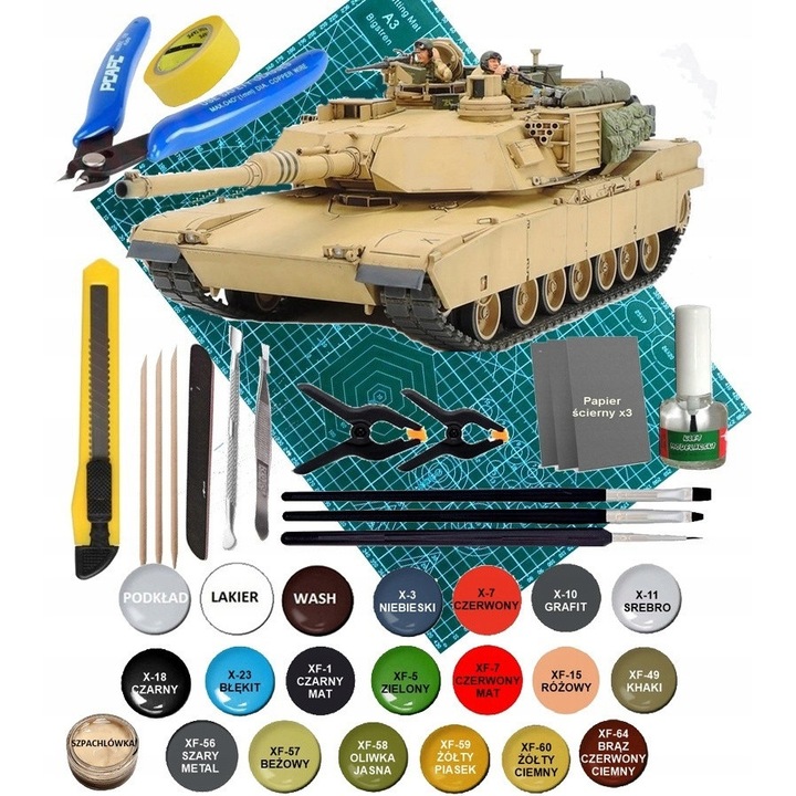 Модел на танк M1A1 Abrams 120mm Gun, пълен комплект с бои, лак, лепило, четки, подложка A3