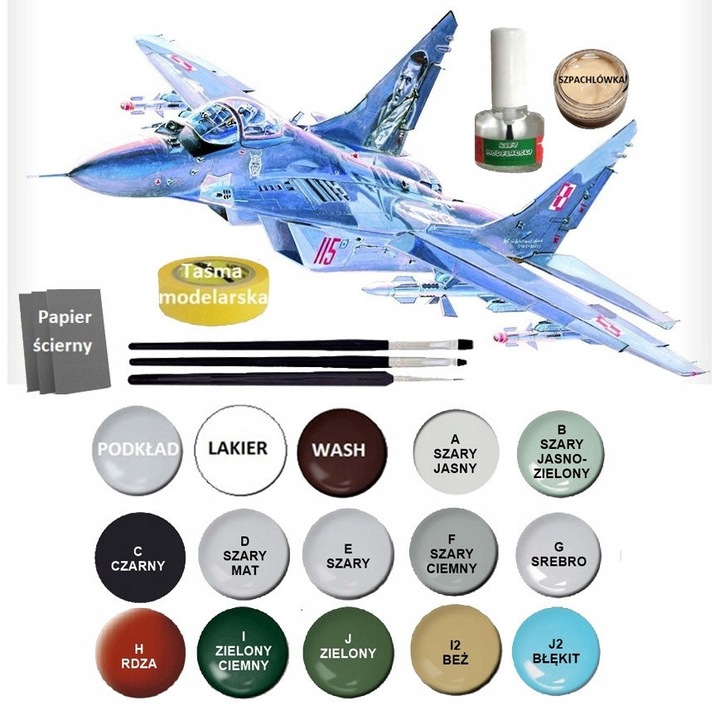 Model de avion de construit MiG-29M 23rd, versiune poloneza, set complet cu vopsele, pensule si lipici