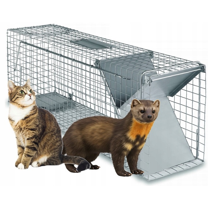 Capcana pentru animale, 75x20x27cm, cu sistem de inchidere rapid, pentru sobolani, nurci, pisici, cu suport pentru 4 oua