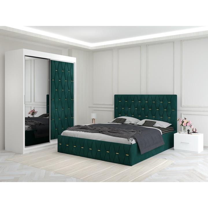Dormitor Ana Verde cu Dressing Tapitat 150x200x60 cm si Pat Tapitat 160x200