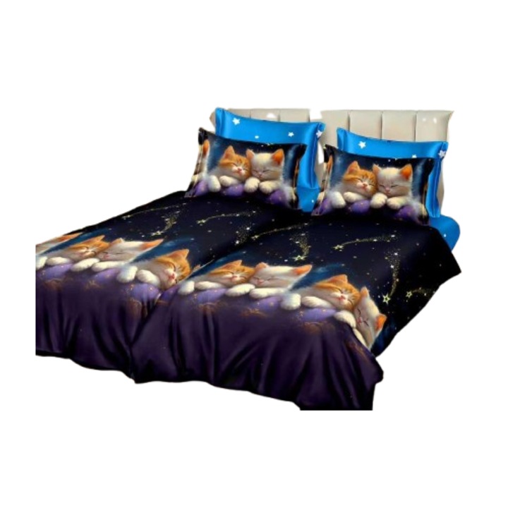 Lenjerie de pat, 7 piese, fara elastic, 1 persoana, 160x220 cm, imprimeu pisicute somnoroase