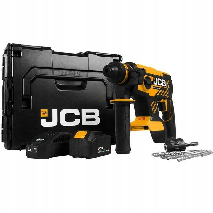 Акумулаторна бормашина и винтоверт JCB, 18V, 5Ah, с батерия, 4 SDS-plus свредла, пълен комплект