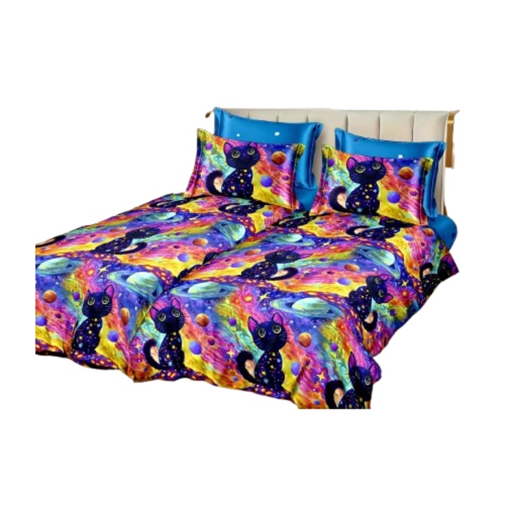 Ágyneműhuzat, 7 részes, gumírozás nélküli, 1 személyes, 160x220 cm, fekete cicás mintával