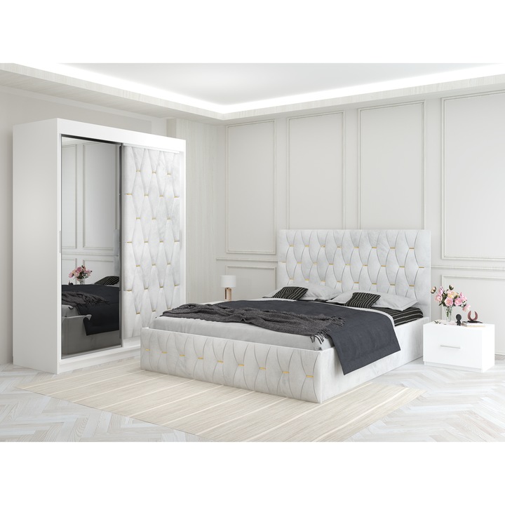 Dormitor Ana Alb cu Dressing Tapitat 150x200x60 cm si Pat Tapitat 160x200
