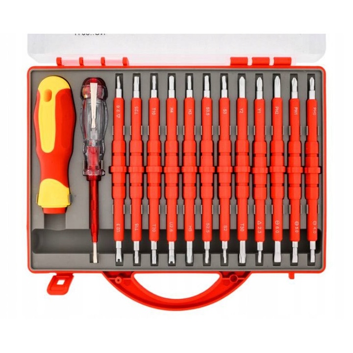 Set de surubelnite izolate 12 piese, cu proba de tensiune 230V, rosu