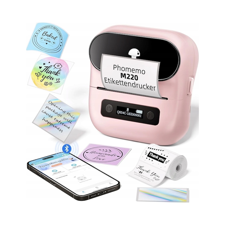 Преносим термопринтер Phomemo M220, бял, пълен комплект, с ролка етикети 40mmx30mm/230бр.