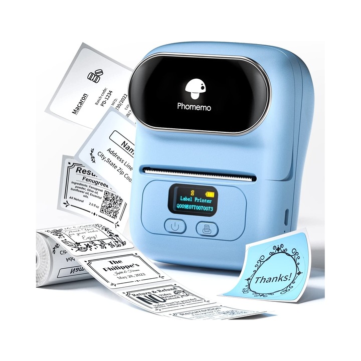 Термичен принтер за етикети Phomemo M110, Bluetooth, компактен, син, 114x87x63 мм, комплект с USB кабел и 100 етикета