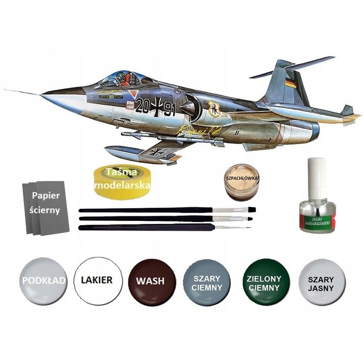 Model plastic avion F-104G Starfighter, set complet cu vopsele, lac, lipici, pensule, 1:72