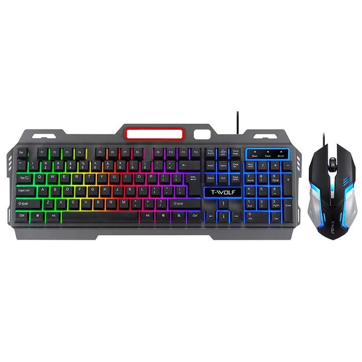 Set tastatura gaming T-WOLF TF600 cu iluminare RGB si mouse gaming, 104 taste, cablu USB, ergonomica, 1,3m
