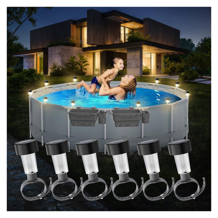 Lumini solare pentru piscina, 6 buc., pentru piscine supraterane cu cadru, impermeabile, usor de instalat