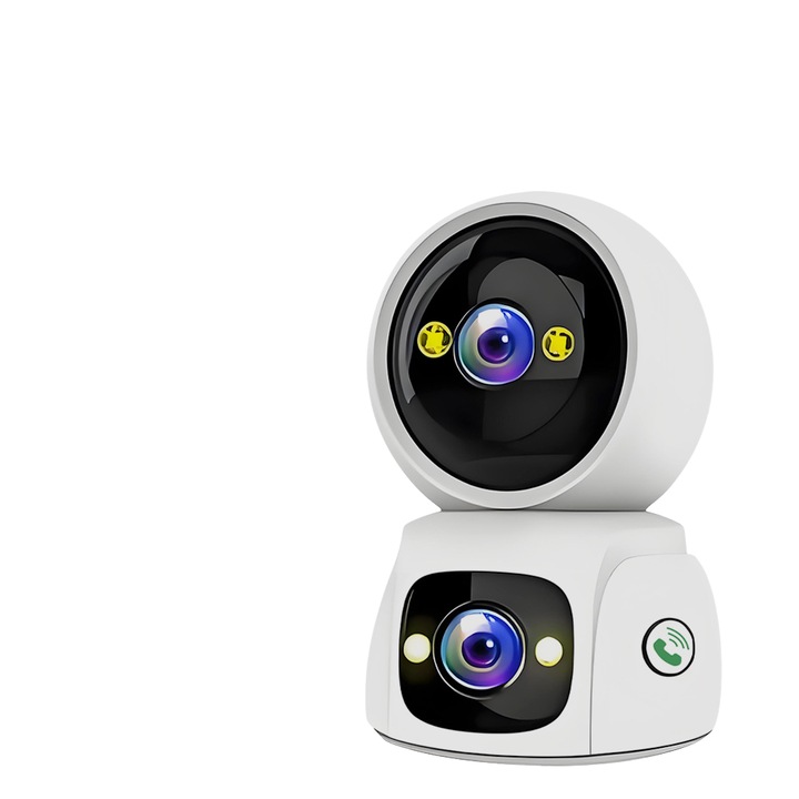 Camera de supraveghere cu doua obiective, detectie umana inteligenta, intercom bidirectional, vedere nocturna HD, 1080P, IP66, 360 de grade