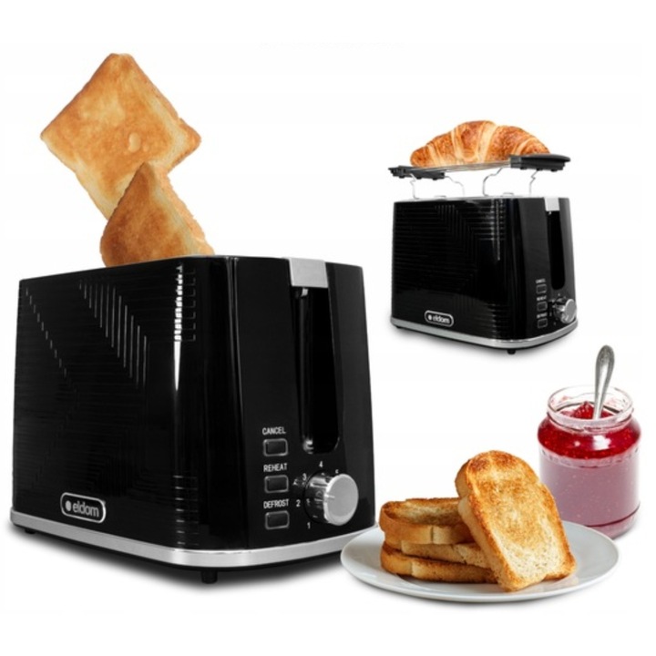 Тостер TO320C, 900W, 7 степени, черен, 2 слота, комплект с надставка за булочки, тава за трохи