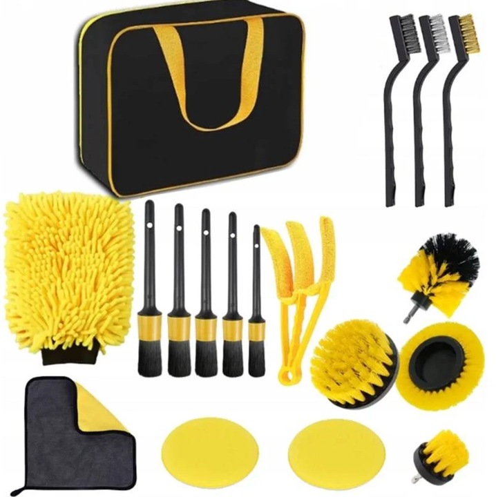 Set ingrijire auto 18 piese, accesorii detailing auto, perii pentru detailing, perie pentru anvelope si jante, microfibra, accesorii curatare interioara si exterioara, curatare auto