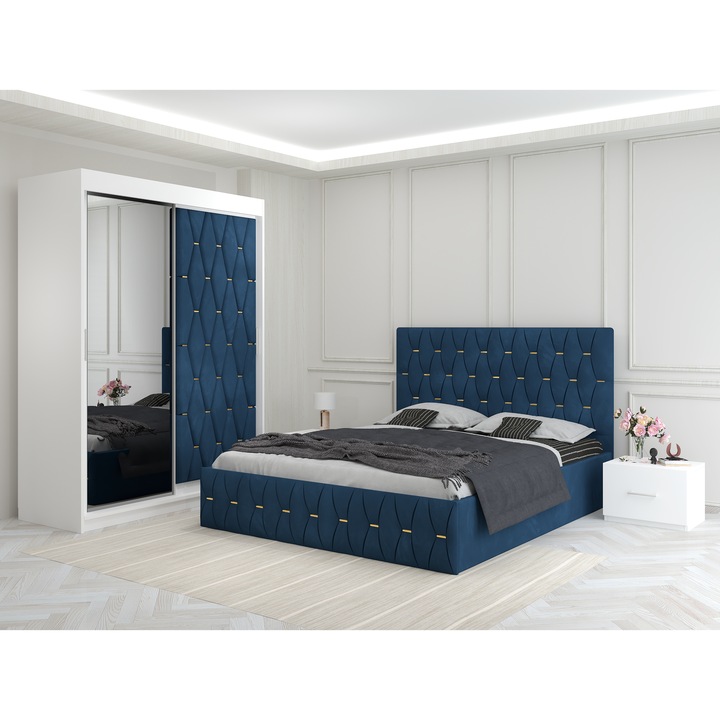 Dormitor Ana Albastru cu Dressing Tapitat 150x200x60 cm si Pat Tapitat 160x200