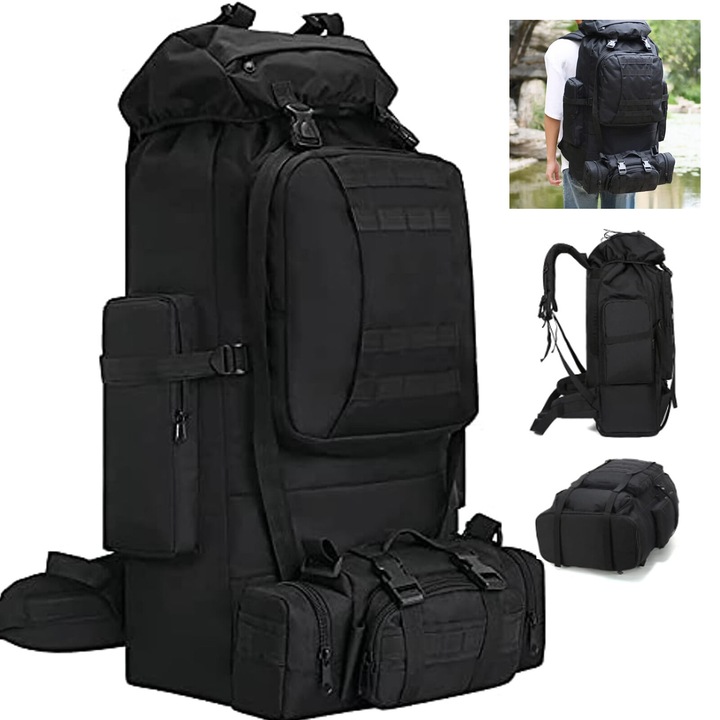 Rucsac Tactic Militar, Bedee®,100L, Bretele reglabile, Impermeabil, pentru Drumetii pe Munte, Rucsac drumetie, Rucsac munte, Rucsac tactic, Ghiozdan militar, 80x39x22 Cm, Negru