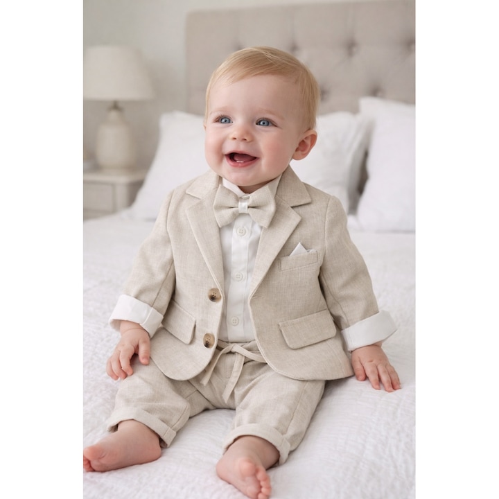 Елегантен бебешки костюм в кремав цвят от 4 части: сако, боди, панталон, папионка, за кръщене