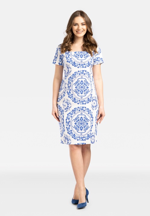 Rochie de dama, Perso, imprimeu decorativ, bleumarin/alb, bumbac