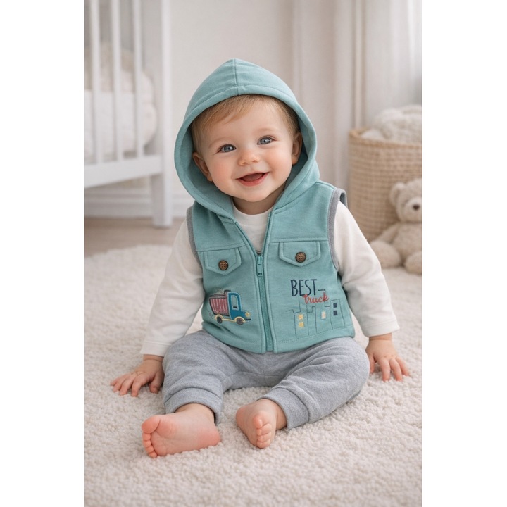 Set baieti 3 piese best truck vesta bluza pantaloni gri