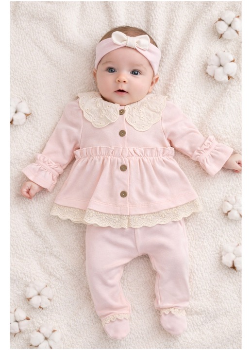 Set bebe fete roz pastel 3 piese elegant dantela bluza pantaloni bentita, 0-3 luni, Bumbac, Roz