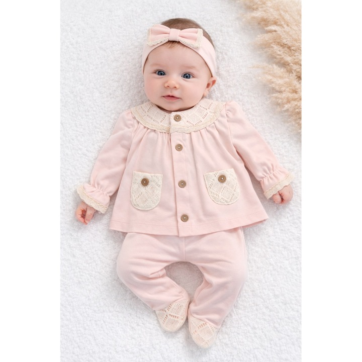 Set bebe fete roz pudra 3 piese elegant bluza dantela pantaloni bentita, 0-3 luni, Bumbac, Roz