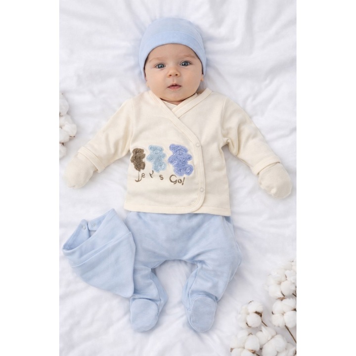 Set bebe 5 piese bleu ivoire lets go bluza pantaloni caciula baveta manusi, 0-3 luni, Bumbac, Multicolor