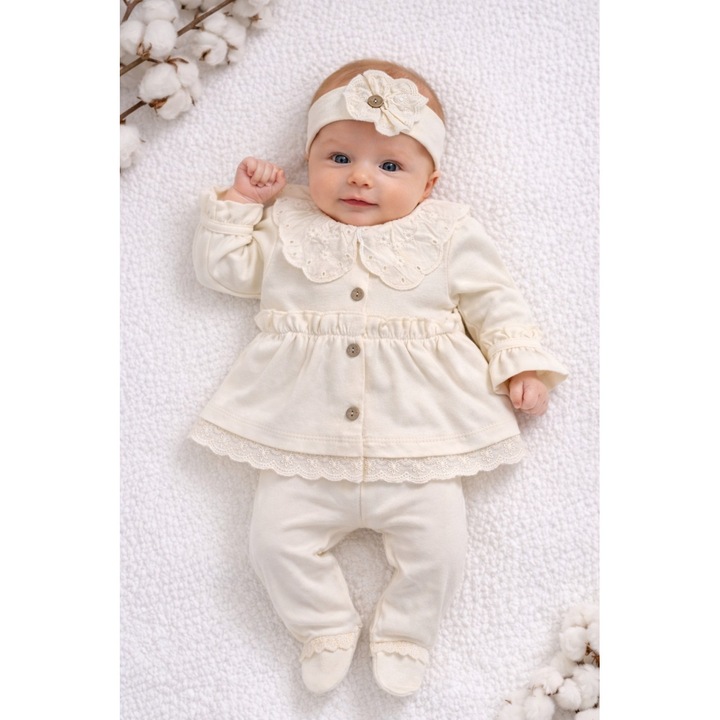 Set bebe fete crem 3 piese elegant bluza volane dantela pantaloni bentita, 0-3 luni, Bumbac, Crem