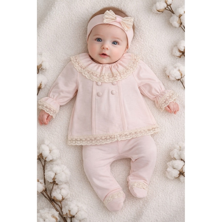 Set elegant fete roz 3 piese bluza pantaloni bentita dantela, 0-3 luni, Bumbac, Roz