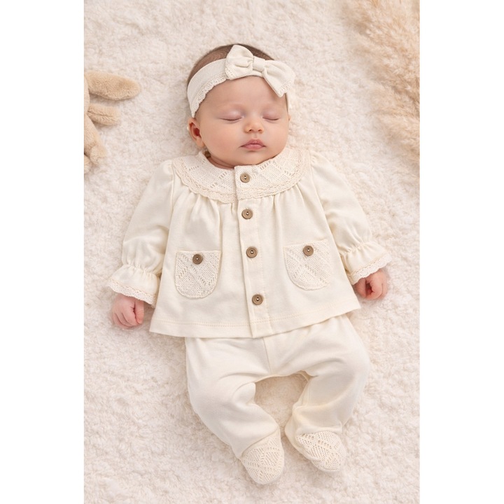 Set bebe fete 3 piese crem elegant bluza dantela pantaloni bentita, 0-3 luni, Bumbac, Crem