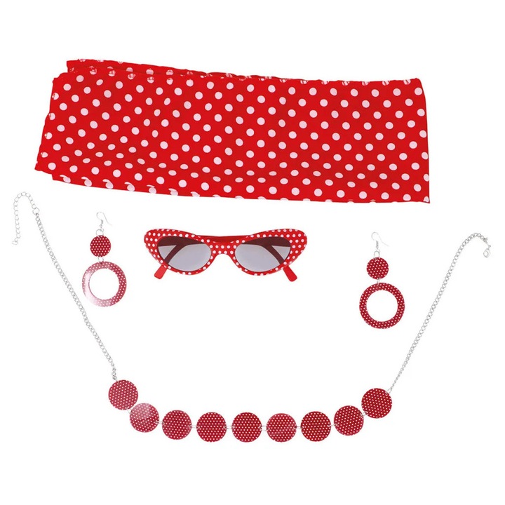 Set accesorii Anii 50 Guirma, esarfa rosie cu buline albe, colier, cercei, ochelari, pentru femei