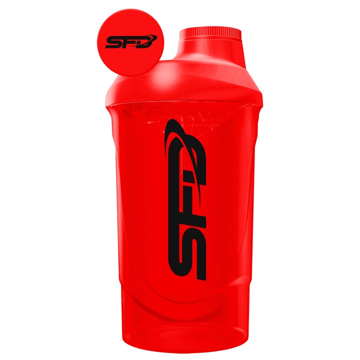 Shaker SFD Wave, 600 ml, design modern cu sita interna pentru amestecare eficienta, material plastic non-toxic, fara BPA, culoare rosie, pentru antrenamente si smoothie-uri