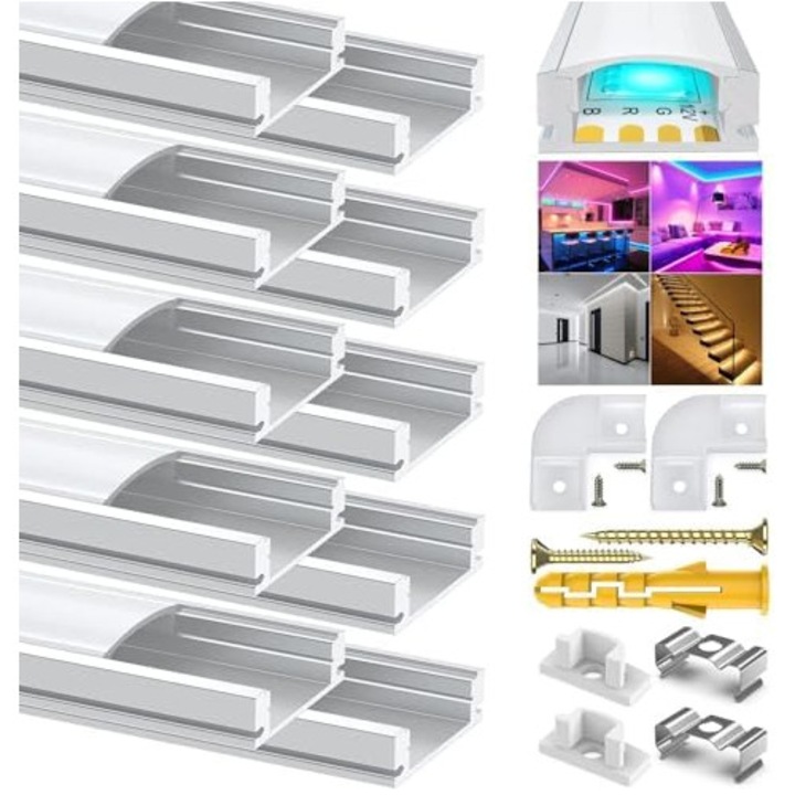 Комплект от 6 LED алуминиеви профила, U-образна форма, 1 м, с капак на дифузора, за LED ленти, включени капачки, метални скоби и монтажна опора, индиректно осветление на тавана
