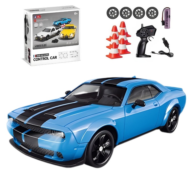 Masinuta cu Telecomanda Dodge Challanger, Drift & Speed, 1:24, 2.4GHz, 20Km/h, Tractiune Integrala, 2 Seturi Anvelope, Obstacole Incluse, Reincarcabila, Cadou Ideal pentru Copii si Adulti, Albastru