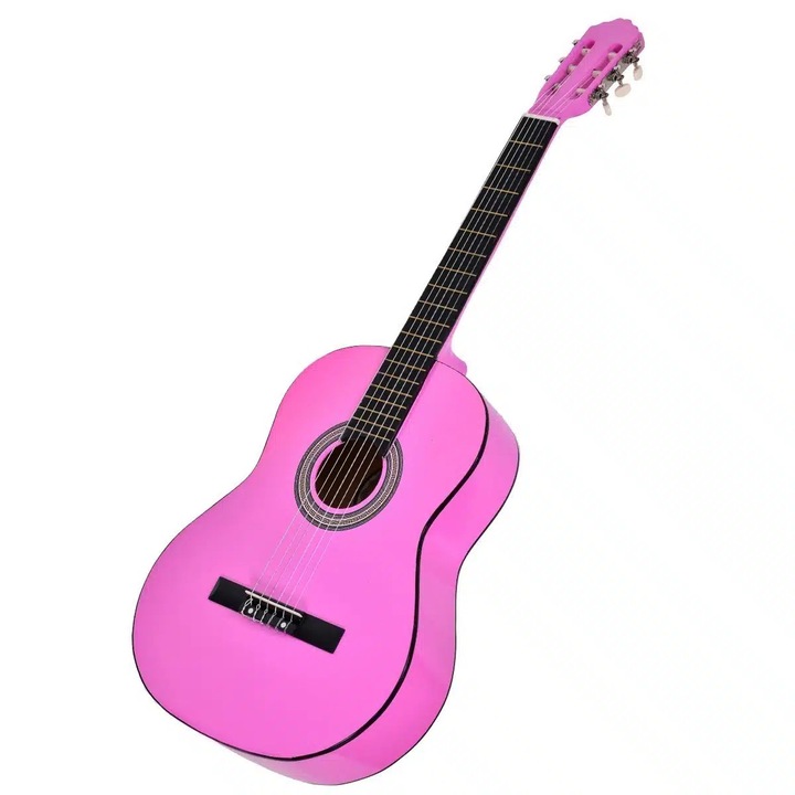 Chitara Clasica pink/roz 4/4 38″ ( 95 X 35 CM ), pentru Incepatori si Adulti, Recomandata peste 8-10 ani, 6 Corzi Metalice, 20 De Taste