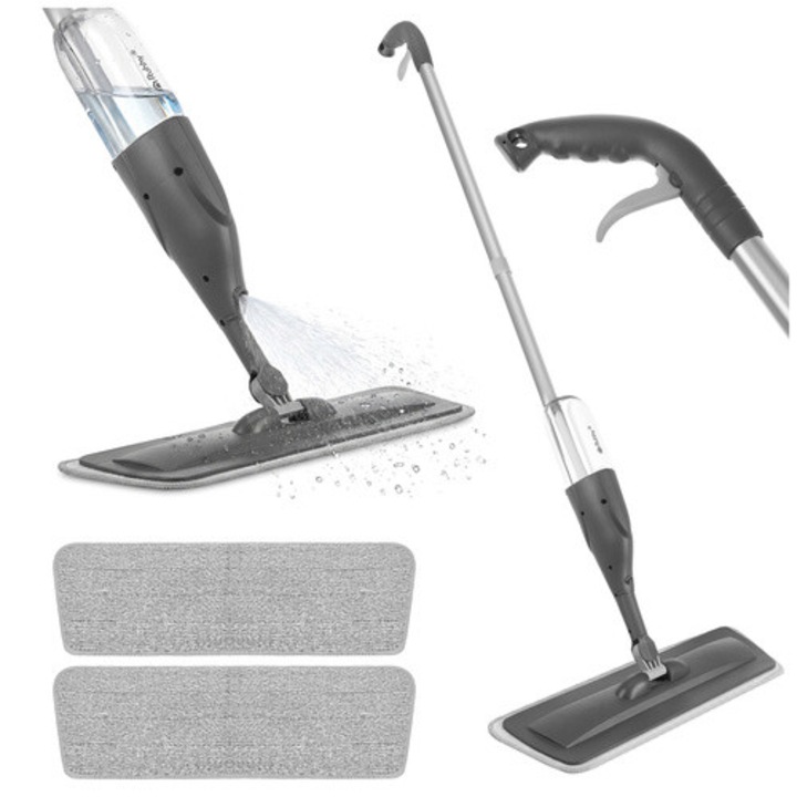 Mop cu pulverizator Ruhhy, rezervor 300 ml, rotire 360°, 120 cm, inox + PP + PET + silicon, culoare Alb/Gri