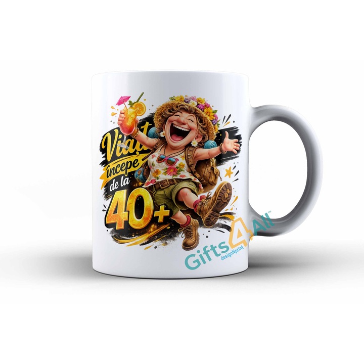 Cana aniversare personalizată, Gifts4All, design vesel, alb, 330ml, cadou pentru femei