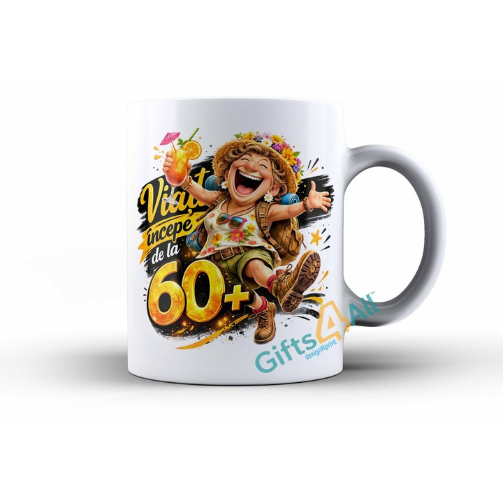 Cana personalizată aniversare „Viața începe de la 60+”, ceramica, alb, 330ml
