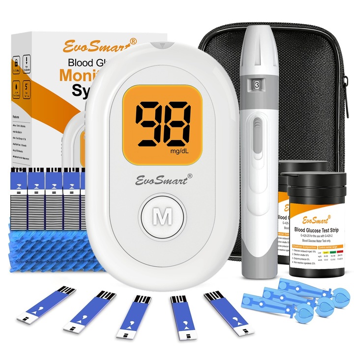 Glucometru EvoSmart G-425-2, Pentru Masurarea Glicemiei, Utilizare Casnica, Masurare Glicemie din Sange, Rezultat Rapid 5 Secunde, Ecran Luminat LCD, Include 50 Testere si 50 Ace, Memorie Rezultate, Geanta Transport, Alb