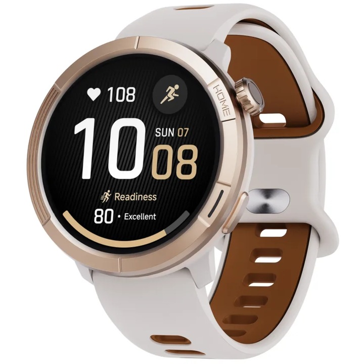 Smartwatch Stelio Activ Pro, 46mm, cadran auriu, curea alb/maro, unisex