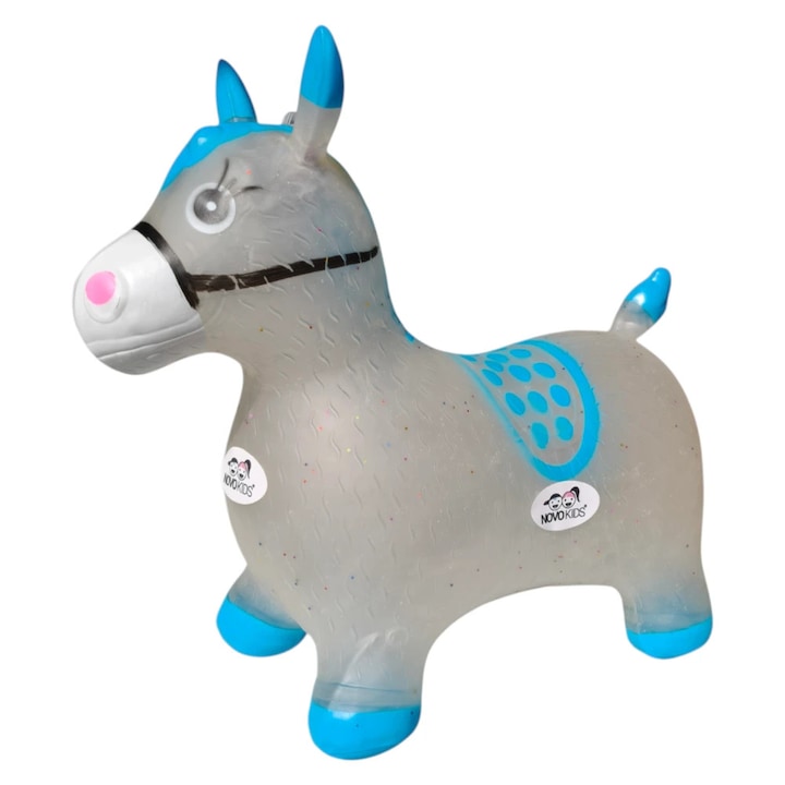 Calut de sarit gonflabil NOVOKIDS™ Jumping Donkey, Cu sunete si lumini, Dimensiuni 55X50X25 cm, Pentru interior si exterior, Max 50 kg, Albastru Gri