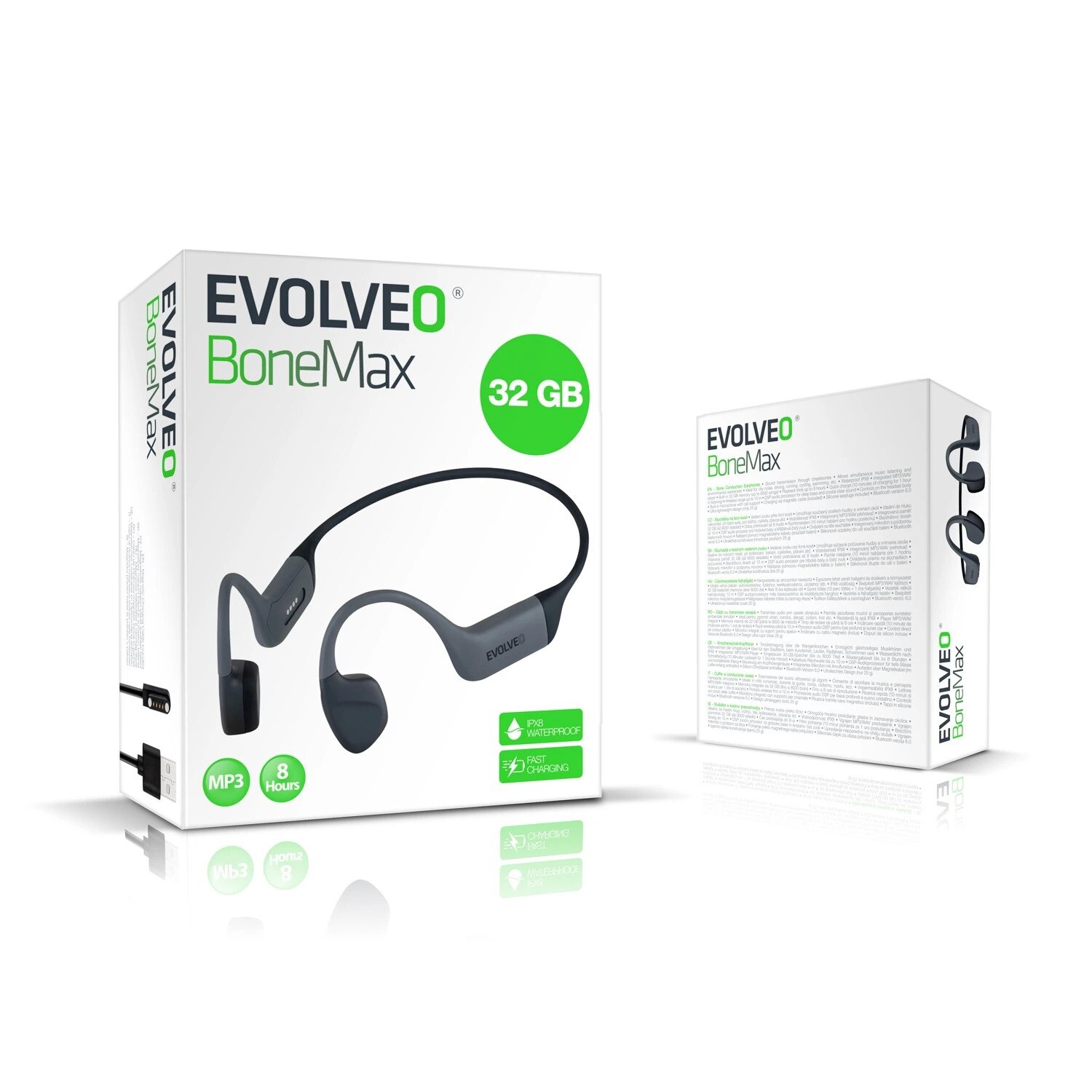Casti wireless EVOLVEO BoneMax, impermeabile IPX8, 32 GB, gri, pentru sportivi